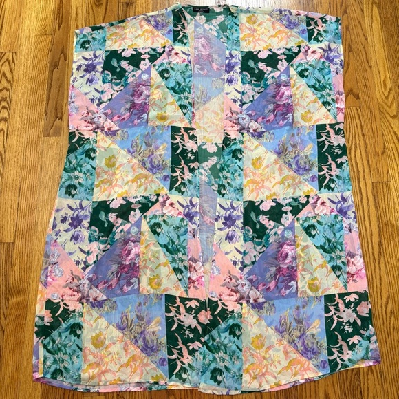 Lane Bryant boho open front green pink sheer patchwork floral maxi kimono duster - Picture 15 of 16